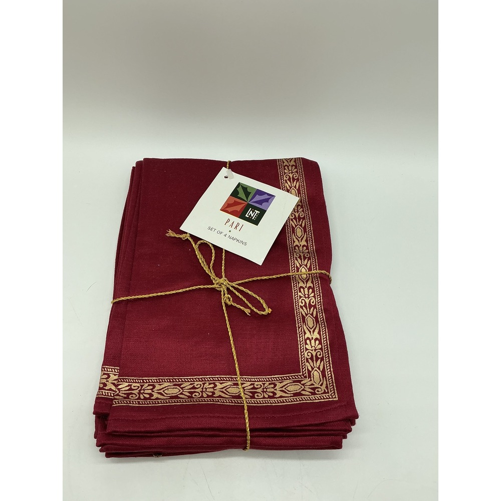 Linens N Things Pari Red Gold Block Print Cloth Napkins Set of 4 18x18 Cotton